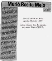 Artículo del fallecimiento de Rosita Melo